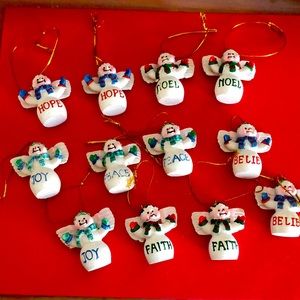 Set of 12 Snowman Angel ornaments.  Hope, Noel, Peace, Joy, Believe, Faith.